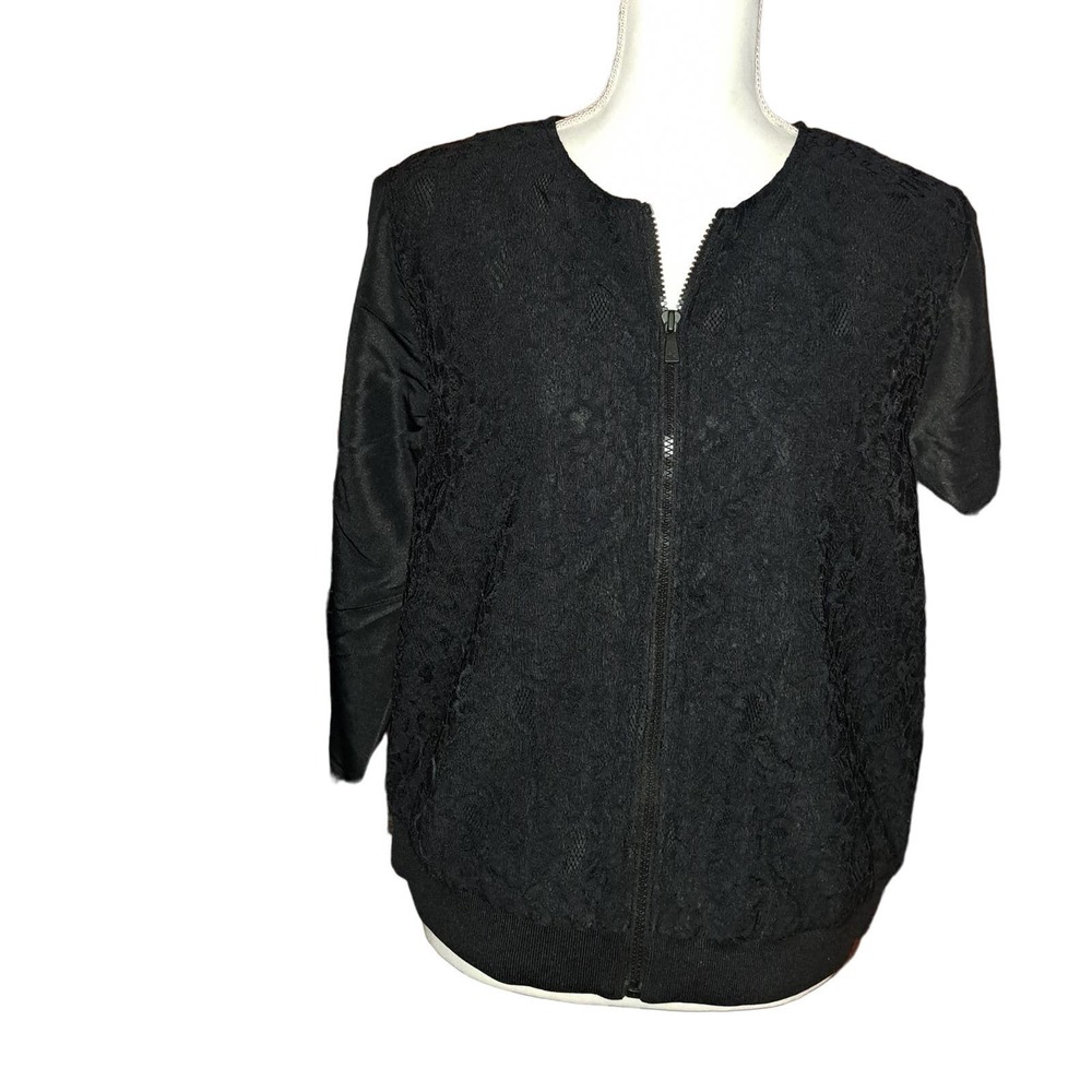 NIB- Isaac Mizrahi Live Black Quilted Lace Zip Jacket Rib Knit Trim -Medium